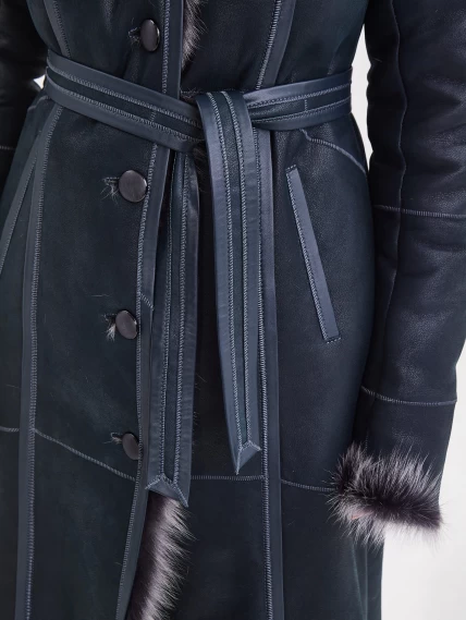 Женское пальто из натуральной овчины с капюшоном 132, синее, размер 44, артикул 64090-7