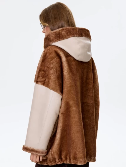 Комбинированная женская дубленка с капюшоном из астрагана премиум класса 2058, бежевая, размер 52, артикул 64140-5