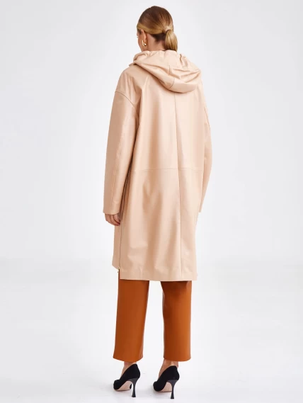 Кожаный женский плащ с капюшоном на молнии премиум класса 3034, бежевый, размер 48, артикул 91941-4