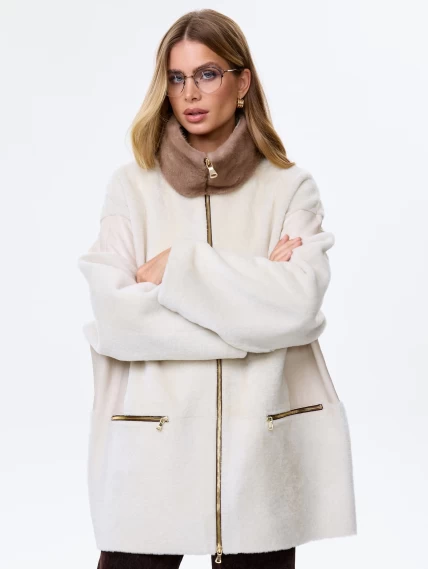 Дубленка на молнии с норковым воротником для женщин премиум класса 2057, белая, размер 44, артикул 64490-0