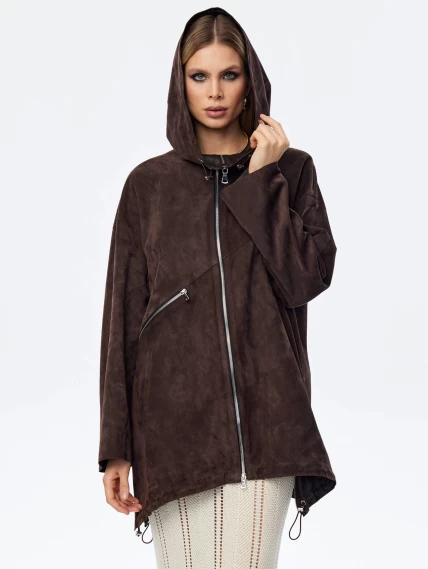 Замшевый плащ оверсайз с капюшоном для женщин премиум класса 3053з, коричневый, размер 48, артикул 23980-2