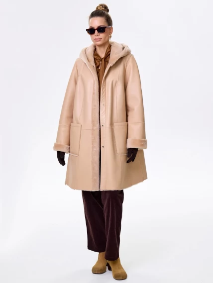 Женская классическая дубленка с капюшоном премиум класса 2004, бежевая, размер 54, артикул 62840-6