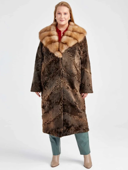 Шуба женская из меха каракуля с мехом куницы Екатерина(вк), коричневая сур, размер 54, артикул  22740-4