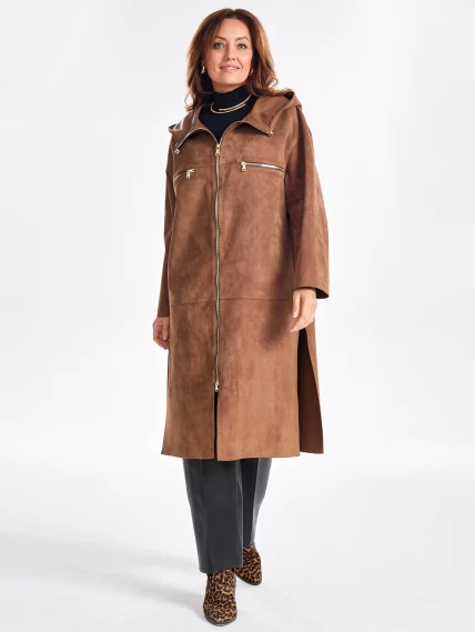 Замшевое женское пальто оверсайз с капюшоном на молнии премиум класса 3058з, светло-коричневое, размер 52, артикул 25700-2