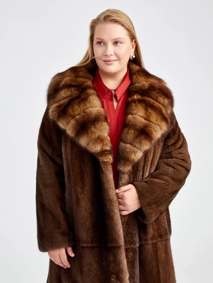 Зимний комплект женский: Шуба из меха норки с соболем 4021(авс) + Брюки 03, коричневый/оливковый, р. 44, арт. 111200-5
