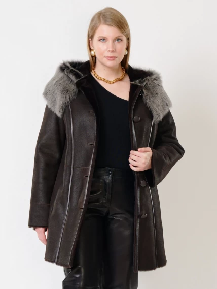 Женская дубленка с капюшоном из тосканы 270, коричневая, размер 66, артикул 14720-2