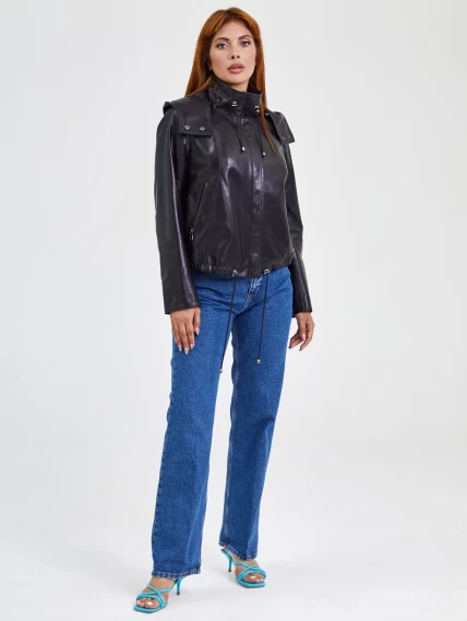 Кожаная женская куртка бомбер с капюшоном 305, черная, размер 46, артикул 91761-6