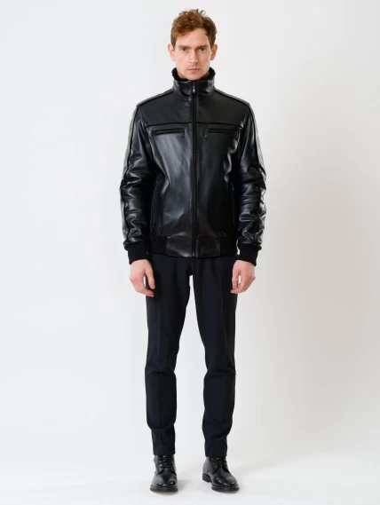 Короткая кожаная мужская дубленка бомбер 515, черная, размер 50, артикул 40200-3