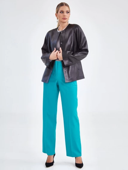 Кожаная женская куртка без воротника с поясом 3019, черная, размер 50, артикул 92110-1