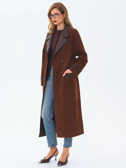 Длинный женский замшевый плащ премиум класса 3083з, коньячный, размер 48, артикул 24550-6