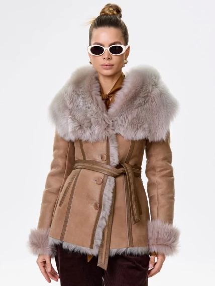 Короткая женская дубленка из тосканы с капюшоном 122, бежевая, размер 40, артикул 61451-4
