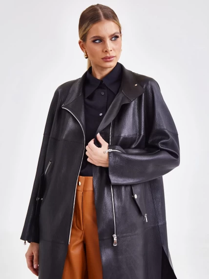 Женский кожаный плащ на молнии премиум класса 3041, черный, размер 48, артикул 91891-1