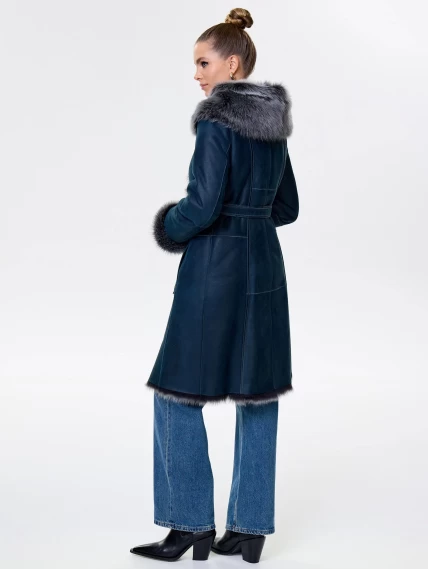 Длинная женская дубленка из тосканы с капюшоном 123нк, синяя, размер 40, артикул 61913-5
