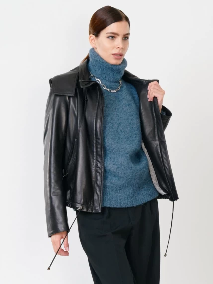Кожаная женская куртка бомбер с капюшоном 305, черная, размер 46, артикул 90820-0