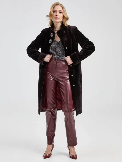 Демисезонный комплект женский: Полупальто из астрагана 15мех + Брюки 02, коричневый/бордовый, р. 42, арт. 111188-1