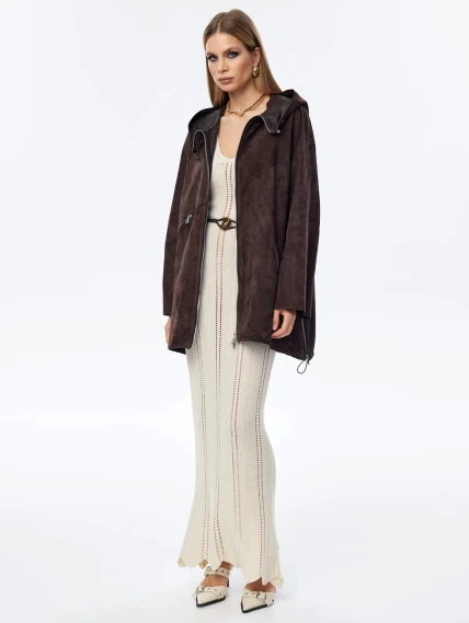 Замшевый плащ оверсайз с капюшоном для женщин премиум класса 3053з, коричневый, размер 48, артикул 23980-1