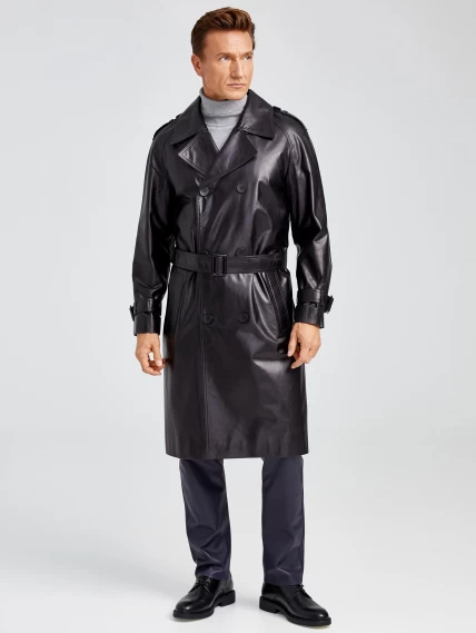 Мужской двубортный кожаный плащ премиум класса 553, черный, размер 52, артикул 28910-3