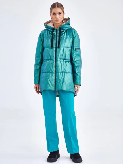 Кожаный женский пуховик оверсайз с капюшоном премиум класса 3021, зеленый, размер 48, артикул 25320-5