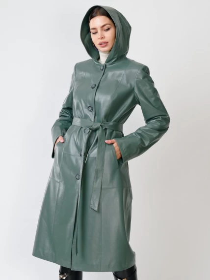 Кожаный женский утепленный плащ с капюшоном 380нш, размер 50, оливковый, артикул 91391-6