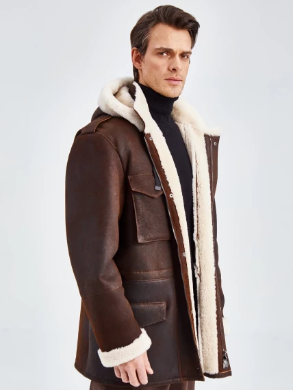 Дубленка мужская с капюшоном премиум класса 433, коричневая, размер 48, артикул 70750-1