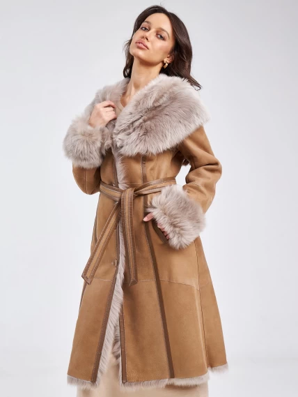 Женское пальто из натуральной овчины с капюшоном 132, бежевое, размер 44, артикул 62860-1