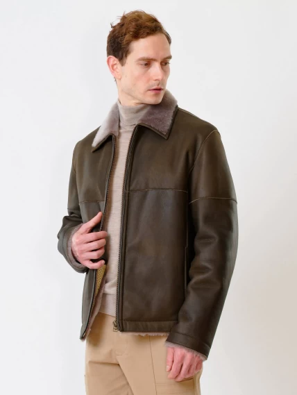 Короткая мужская дубленка 140, оливковая, размер 44, артикул 70230-1