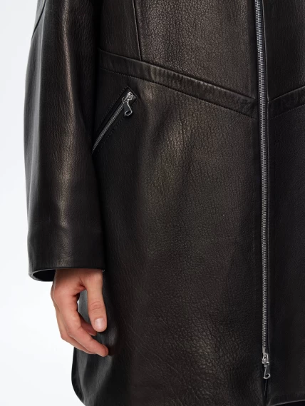 Кожаный плащ оверсайз на молнии для женщин премиум класса 3057, черный, размер 52, артикул 23520-3