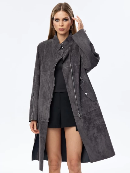 Длинный замшевый плащ оверсайз для женщин премиум класса 3041з, серый, размер 54, артикул 23690-2