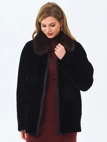 Дубленка женская из астрагана с воротником куницей 2063, черная, размер 52, артикул 64660-0
