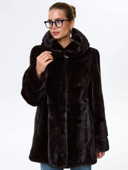 Короткая женская норковая шуба автоледи с капюшоном Елена(к), черная, размер 52, артикул 64540-7