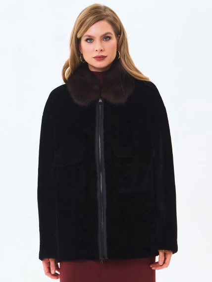 Дубленка женская из астрагана с воротником куницей 2063, черная, размер 52, артикул 64660-3