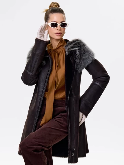 Женская дубленка косуха с капюшоном из тосканы 283, коричневая, размер 44, артикул 13492-5