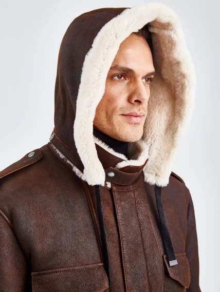 Дубленка мужская с капюшоном премиум класса 433, коричневая, размер 48, артикул 70750-2