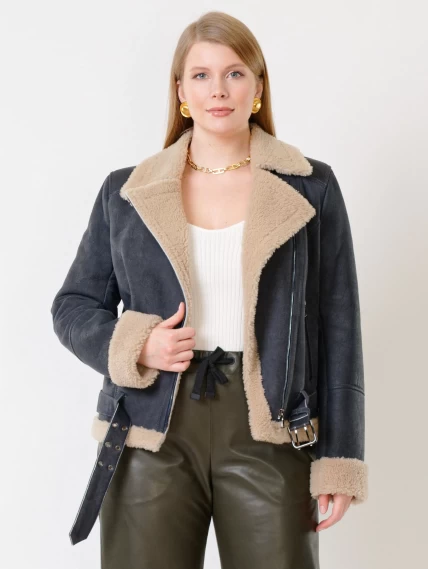 Короткая женская дубленка косуха из керли 201, синяя, размер 44, артикул 61990-0