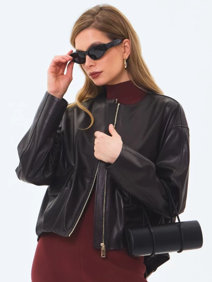 Кожаная куртка бомбер премиум класса для женщин 3094, черная, размер 46, артикул 24350-0
