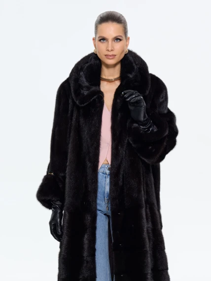 Шуба женская из меха норки с капюшоном М-102-1221, коричневая, размер 60, артикул 65430-6