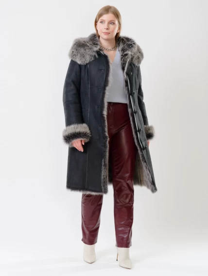 Длинная женская дубленка из тосканы с капюшоном 123нк, черная, размер 52, артикул 61132-4