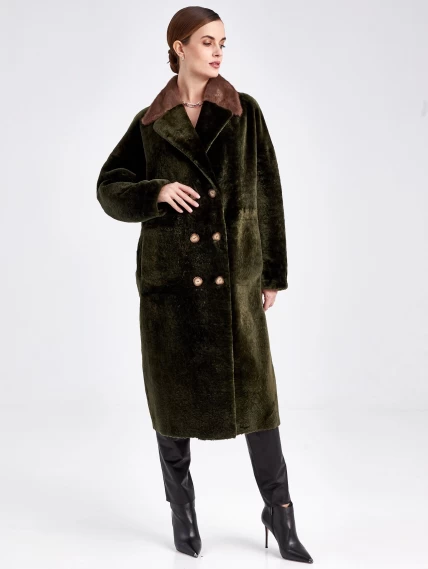 Двубортная двусторонняя женская дубленка из астрагана с мехом норки премиум класса 2017, хаки, размер 48, артикул 62750-1