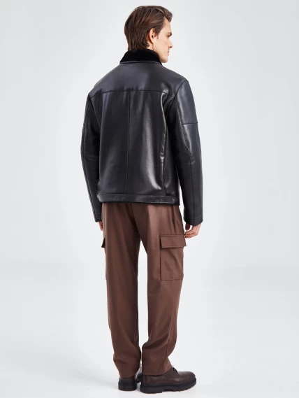 Короткая кожаная мужская дубленка бомбер 515, черная, размер 50, артикул 40261-3