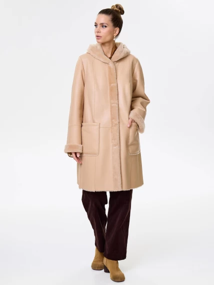 Женская классическая дубленка с капюшоном премиум класса 2004, бежевая, размер 54, артикул 62840-2