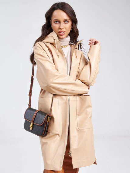 Кожаный женский плащ с капюшоном на молнии премиум класса 3034, бежевый, размер 48, артикул 91940-0