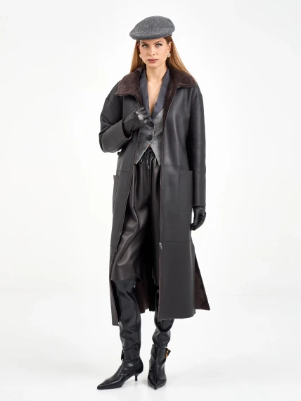 Коричневая длинная женская дубленка 2071, размер 48, артикул 64990-0