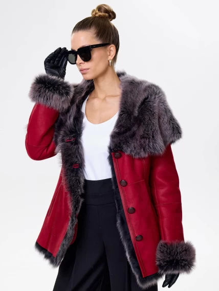 Короткая женская дубленка из тосканы с капюшоном 122, красная, размер 44, артикул 13751-6