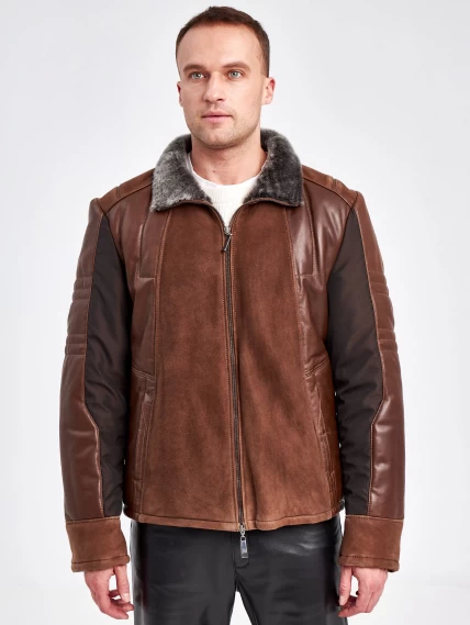 Комбинированная короткая мужская дубленка 40072, коричневый, размер 50, артикул 71230-6