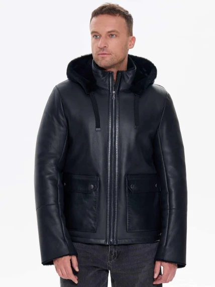 Короткая мужская дубленка с капюшоном премиум класса 441, черная, размер 48, артикул 41230-4