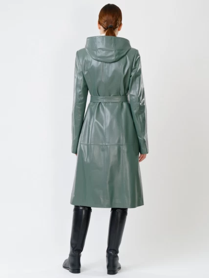 Кожаный женский утепленный плащ с капюшоном 380нш, размер 50, оливковый, артикул 91391-4