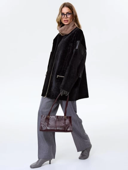 Женское полупальто с норковым воротником из натуральной овчины премиум класса 2057, черное, размер 52, артикул 64330-1