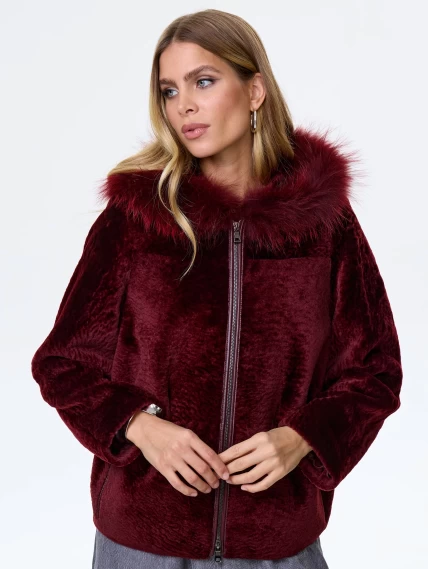 Женская дубленка из астрагана с капюшоном 48мех, бордовая, размер 48, артикул 64600-0