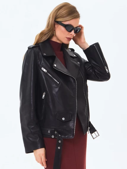 Кожаная женская куртка косуха с поясом премиум класса 3078, черная, размер 44, артикул 24510-0