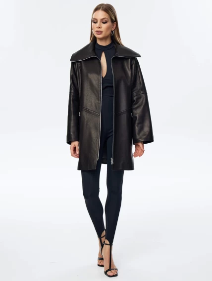 Кожаный плащ оверсайз на молнии для женщин премиум класса 3057, черный, размер 52, артикул 23520-6
